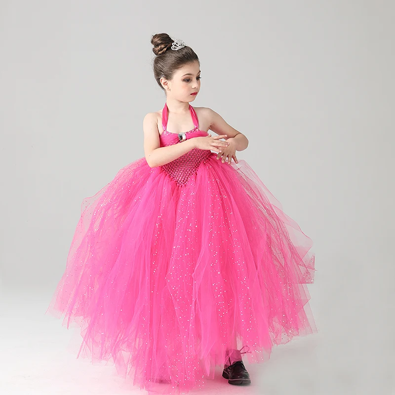 Glittery Hot Pink Tulle Girls Party Tutu Dress Princess Stunning Ball Gown Dress for Children Wedding Pageant Birthday Costume (6)