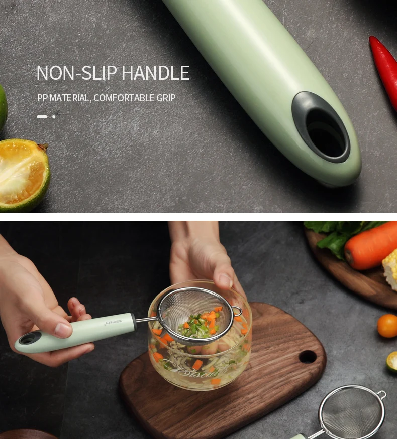 2 Size 304 Stainless Steel Flour Sieve Vegetables Residue Strainer With Plastic Handle Oil Filter Spoon