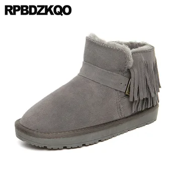 

australian winter snow boots women ankle shoes ladies black fur 2019 fringe short warm suede booties flat grey brown round toe