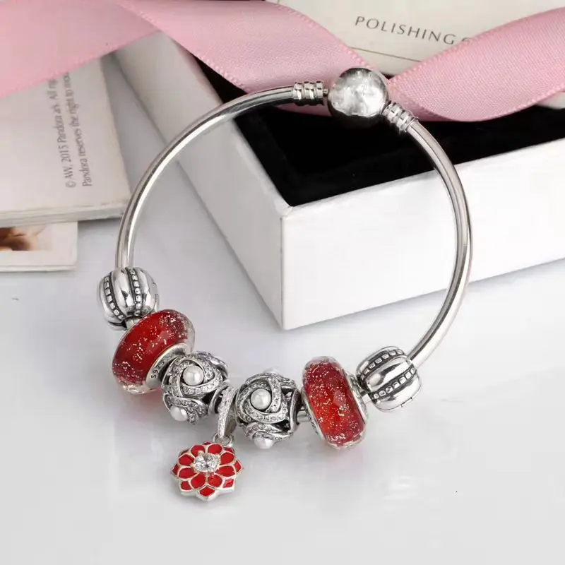 

High Quality 1:1 100% 925 Silver sterling red charm enamel lotus design bills free charter bracelet