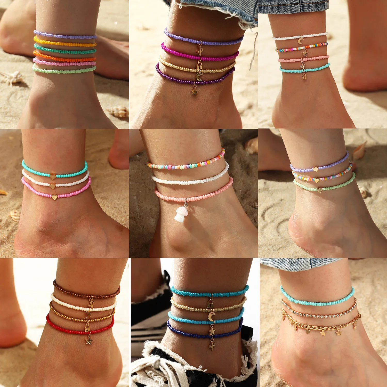 Bohemian Colorful Bead Anklet Sets For Women Summer Beach Handmade Elastic Strech Barefoot Ankle Bracelet On The Leg Gift