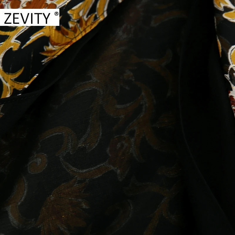 ZEVITY women vintage totem flower print front pleat chiffon midi dress female lantern sleeve casual vestidos chic dresses DS4440