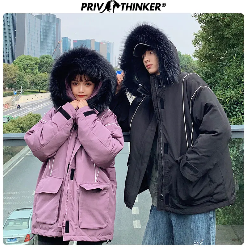 Privathinker пара пальто с капюшоном парка с меховым воротником мужской женская Мода Свободные теплое пальто мужской уличной утепленная куртка Winderbreak