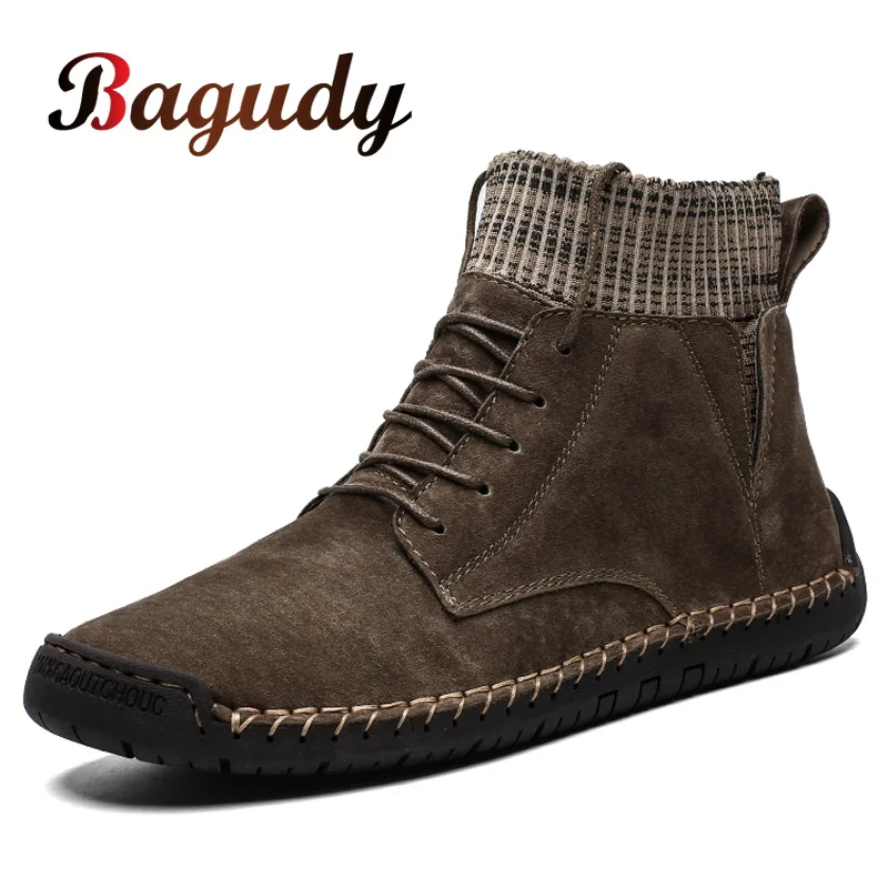 Зимние мужские зимние ботинки Теплые меховые замшевые в байкерском стиле Модные ботильоны ручной работы