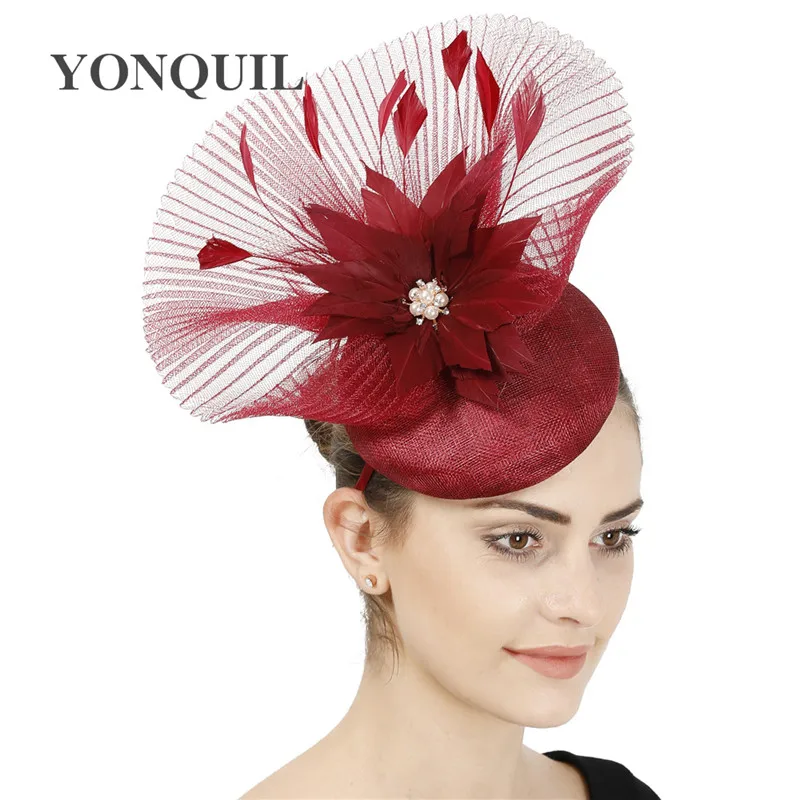 

4-layer Sinamay Elegant Bride Wedding Headpiece Mesh Women Fascinator Hat Fashion Feather Flower Millinery Headband For Marry
