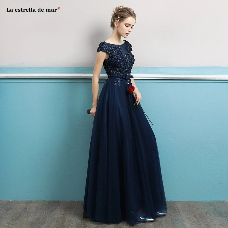 Vestido de madrinha azul Черпак шеи 3D цветок кружева кепки рукав трапециевидной формы темно синие платья подружки невесты длинное свадебное платье для гостей