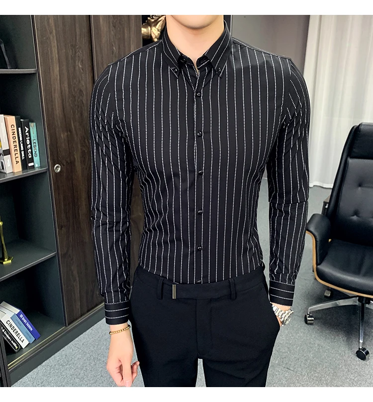 Camisa De Hombre Elegante полосатая белая рубашка с длинными рукавами Мужская офисная рубашка рубашки соцовый бизнес мужские рабочие рубашки черное качество
