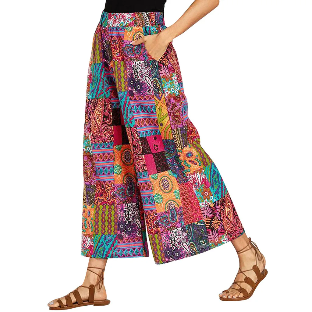 2019 уличная Женская одежда, большие размеры, принт в этническом стиле, брюки с эластичным поясом и карманами, брюки, pantalones mujer pantalon femme