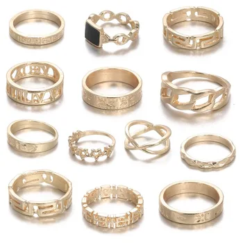 

13Pcs Ring/Set Bohemian Vintage Gold Crescent Geometric Joint Ring for Women Crystal Personality Design Ring Set Party Jewelry