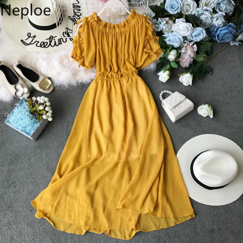 Neploe, шифоновое женское платье, лето, новинка, с вырезом лодочкой, с расклешенными рукавами, Vestidos, корейский стиль, высокая талия, с оборками, а-силуэт, платья, 44322