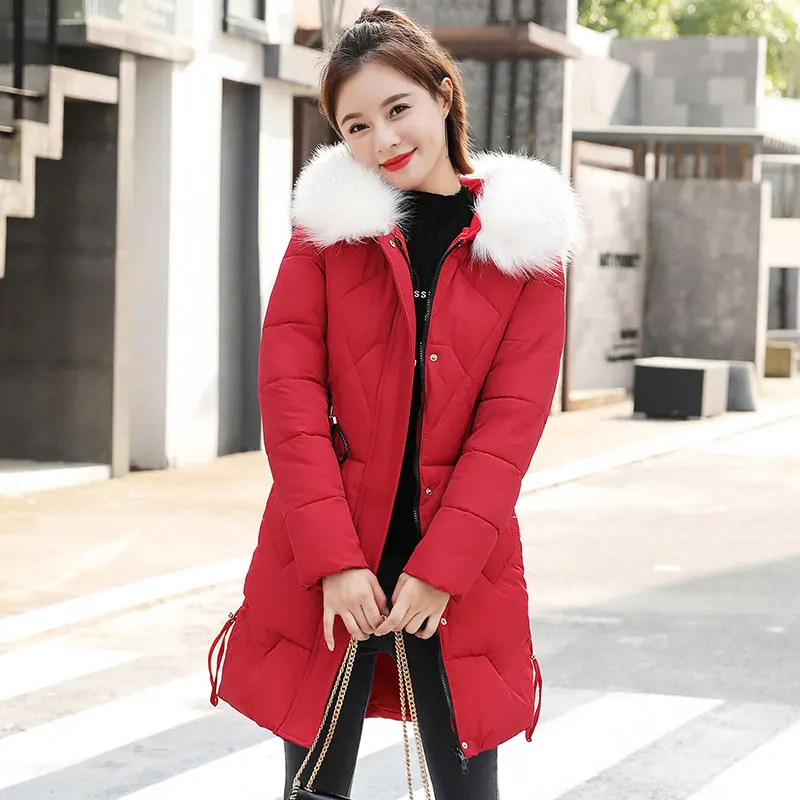 Шикарное меховое пальто с капюшоном зимнее пуховое пальто теплая куртка плюс размер длинный тонкий женский ватник ватная Женская куртка на меху - Цвет: red