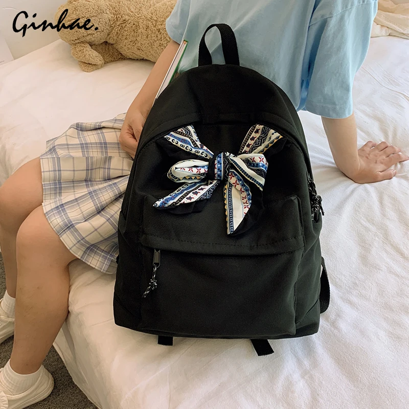

Fashion Bow Waterproof Oxford Backpack Korean Style Ribbon Solid School Bag For Teenage Girls Large Capacity Bagpack Student Bag