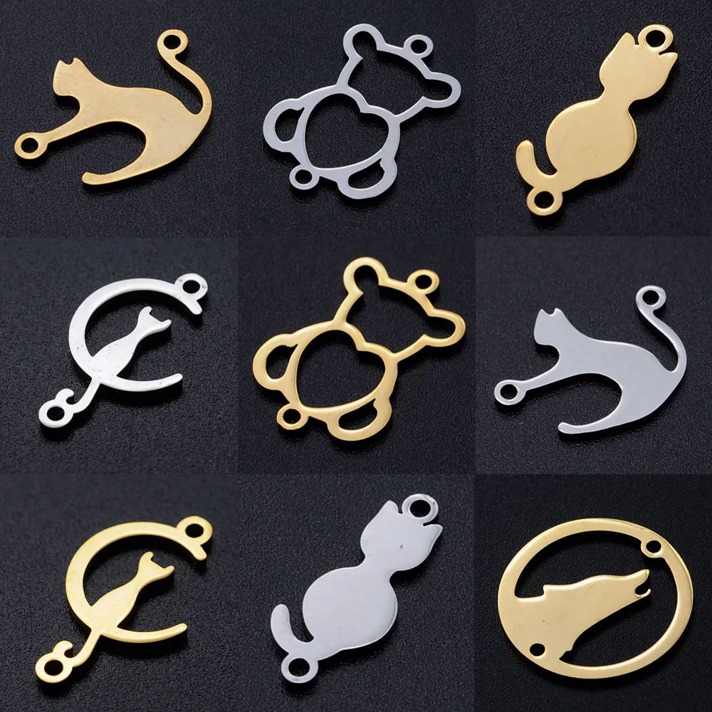 Stainless Steel Charms 5pcs/lot Stainless Steel Heart Cat diy Jewelry Making Charm Bear Necklace Pendant Kitty Bracelet Connector Charms