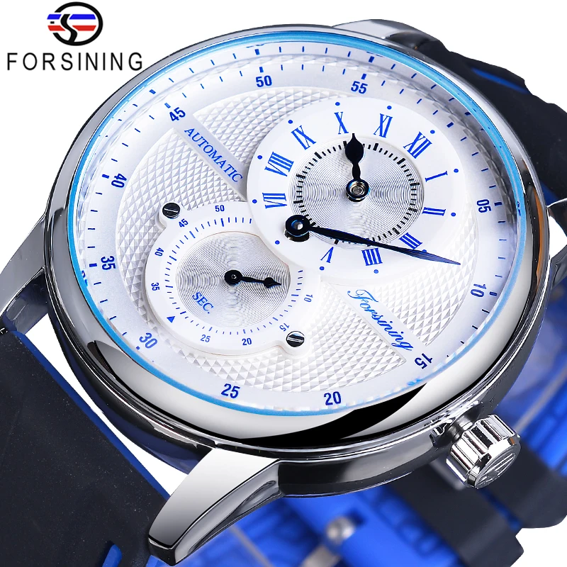 Forsining Luxury Men White Blue Automatic Wristwatch Transparent Waterproof Mechanical Watch Silicone Band Casual Sport Clock