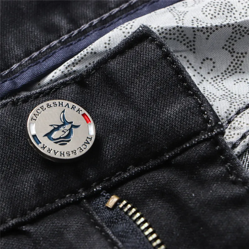 Business Casual Shark Denim Pants Straight Slim Jeans Fashion Mens Flag Embroidery Jeans Trousers Straight Full Length Casual