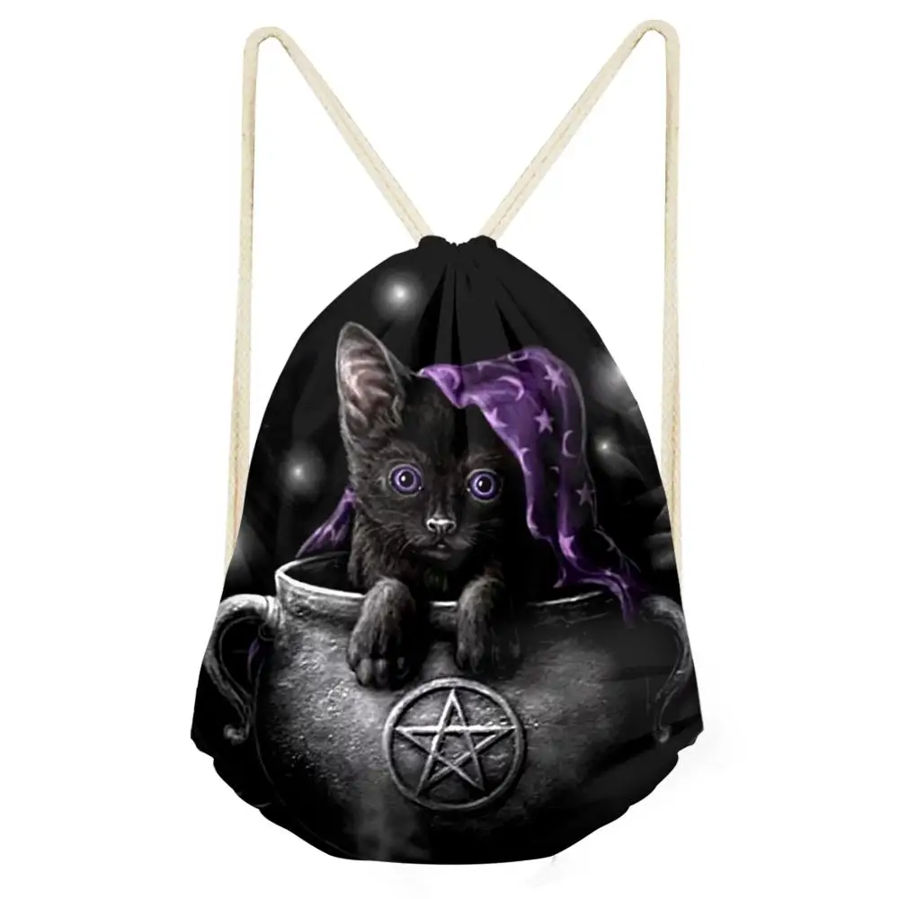 HaoYun Women's Drawstring Bags Gothic Cats Pattern Beach Shoes Pockets Cartoon Animal Boys & Girls Mini Travel Organizer Bags