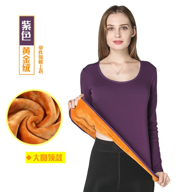 Big O-neck Purple 3XL Однослойная бархатная Термоодежда с длинным рукавом для женщин, зимнее нижнее белье с круглым вырезом, базовые термотопы для женщин, вторая кожа - Цвет: Big O-neck Purple