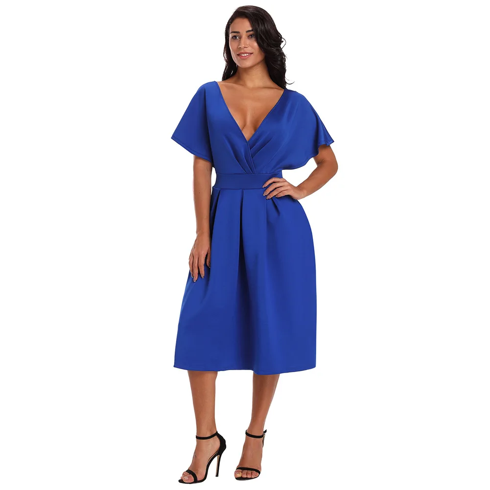 Vintage A-Line Dress for Women Solid Half Sleeve Women Dresses V Neck Mid-Calf Summer Clothes for Women