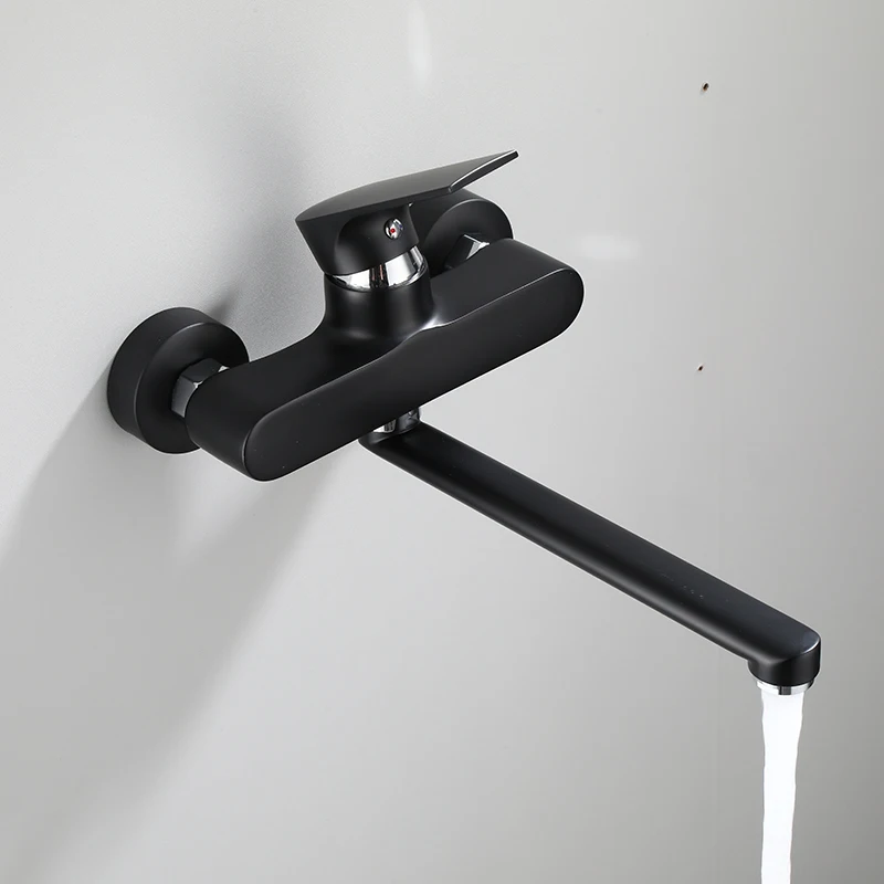 Настенный смеситель для кухонной раковины с одной ручкой хромированный черный