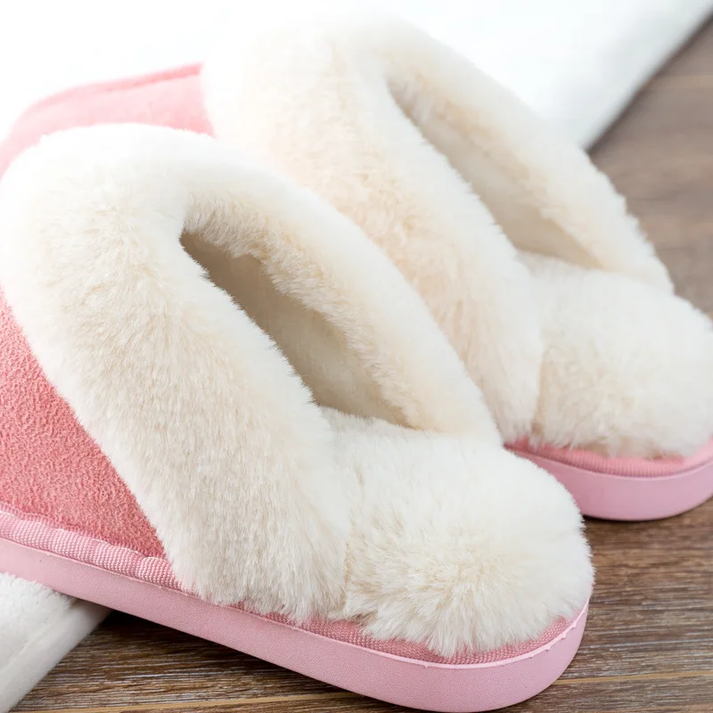 Women Furry Slippers Winter House Fur Women Slippers Faux Suede Upper Warm Plush Couples Cotton Casual Shoes Indoor Non-slip
