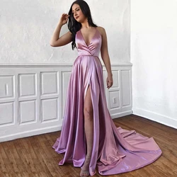 Sexy V-Neck Side Slit Evening Dresses Backless Sweep Train Satin A-line Prom Party Gowns Special Occasions Dresses for Women