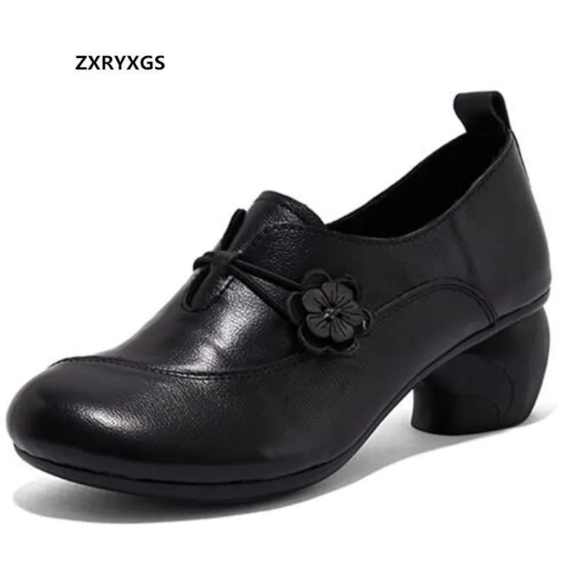 

ZXRYXGS Classic Flower Women Genuine Leather Shoes Fashion Pumps 2023 New Spring Deep Mouth Elegance Ladies Shoes High Heels