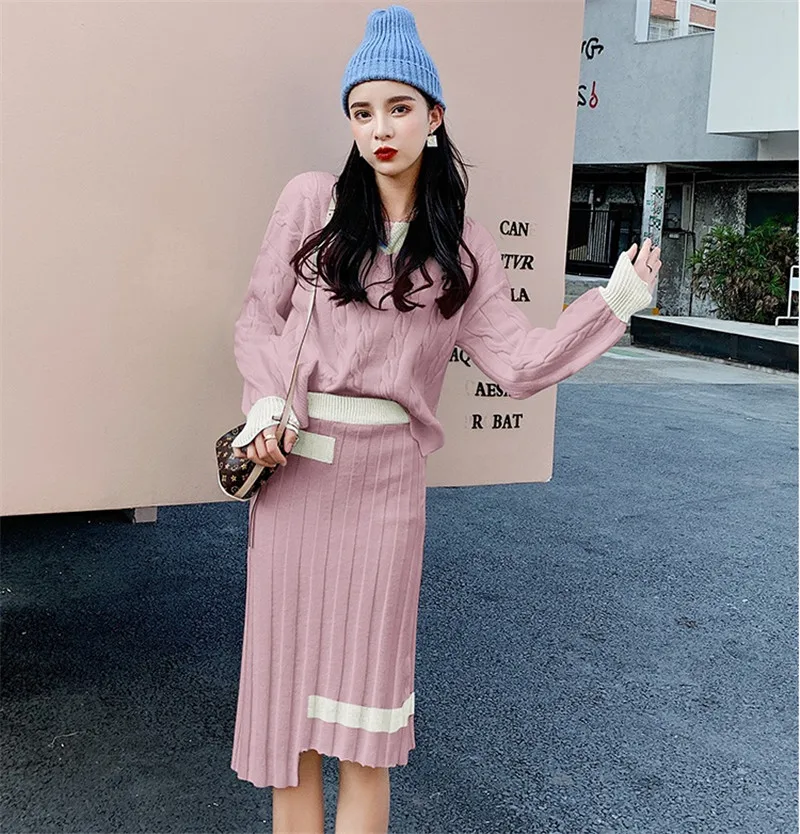 picture color CBAFU, женский свитер, пуловеры и юбка, костюм, вязаный, комплект из 2 предметов, шикарный, Осень-зима, вязаный костюм, новая мода, свободный, твист, P554 - Цвет: picture color