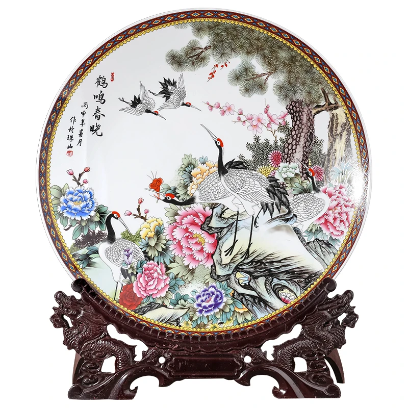 

Jingdezhen Ceramic Red-crowned Crane Spring Dawn Hanging Plate Household Living Room TV Cabinet Decoration