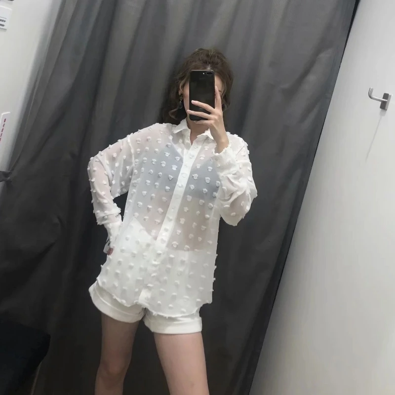 White Casual Chiffon Blouse Dot Stitching OG0711