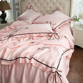 

Korean Style Pink Princess 60 Tencel Embroidery Four-piece Set Princess Style Rose Embroidered Tencel Bow Conditions