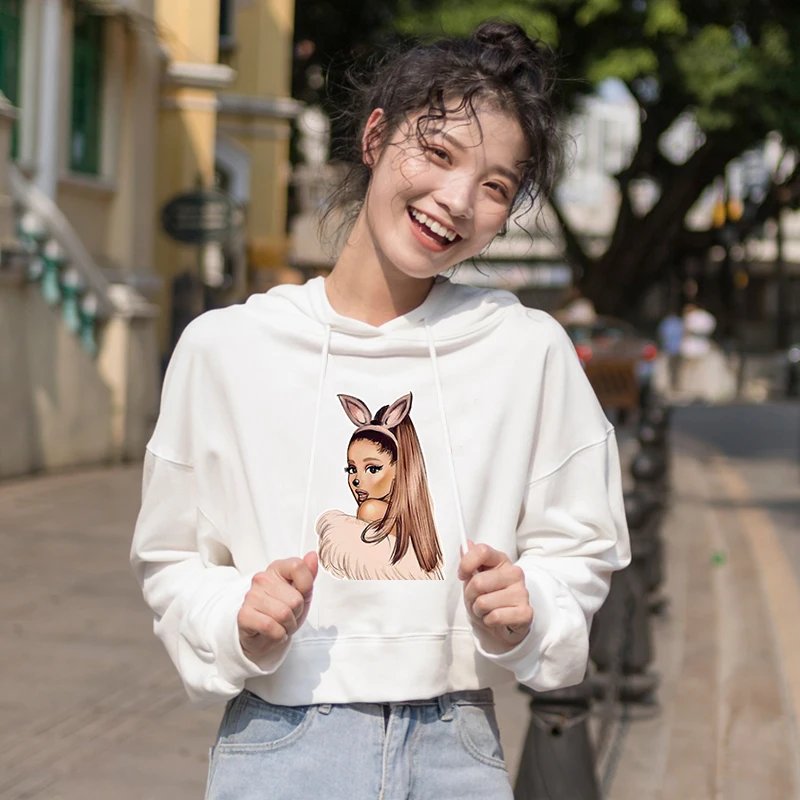 902-Ariana Grande-12 Kpop модная одежда с принтом Ariana Grande, укороченный топ с капюшоном для женщин, уличная одежда для девочек, толстовки Kawaii, худи с кошачьими ушами, хлопок - Цвет: 902-Ariana Grande-12
