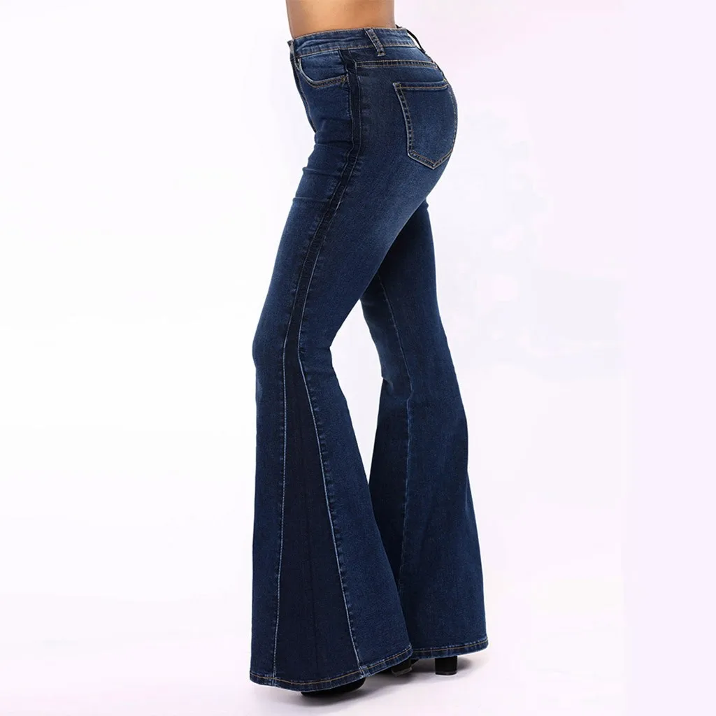 Женские Осенние эластичные свободные джинсовые расклешенные брюки с карманами