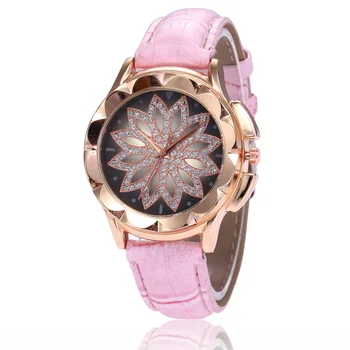 

Fashion Luxury Ladies Quartz Watch Pink Leather Strap Creative Flower Gold Alloy Dial Watches Women Gift Couple Wristwatch H14