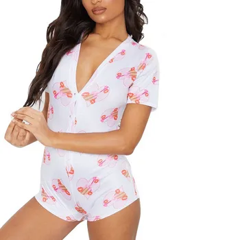 

2020 Hot Summer Womens Bodysuit Fashion Crown&Heart Print Button V-Neck Short Pants Jumper Leotard Slim Short Sleeve Sleepwear