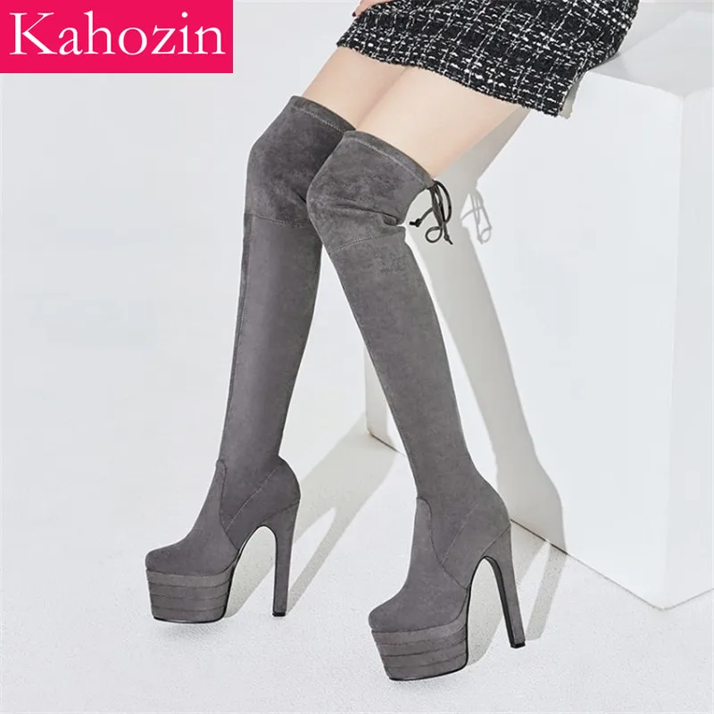 

Quality Thigh High Boots Pure Pigskin Suede Women Over The Knee Boots Fashion Casual Platform 6CM Shoe Heels 15CM Luxury Boots