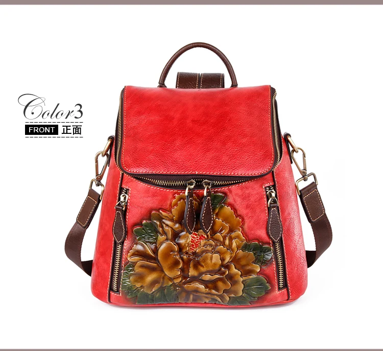 Women Backpack Genuine Leather Flower Pattern Real Cowhide Rucksack Female 3 Use Vintage Shoulder Bag Daypack Travel Knapsack