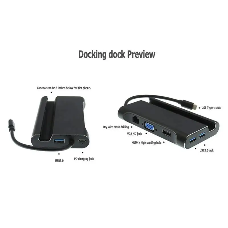 7 в 1 type-C концентратор конвертер 4 к видео HDMI VGA RJ45 3 USB 3,0 разветвитель адаптер док-станция PD Зарядка для ноутбука телефона