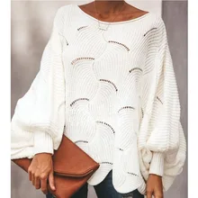 

Casual O Neck Loose Sweater Tops Women 2021 Autumn Fashion Hollow Out Elegant Knitted Lantern Sleeve Sweaters Pullovers