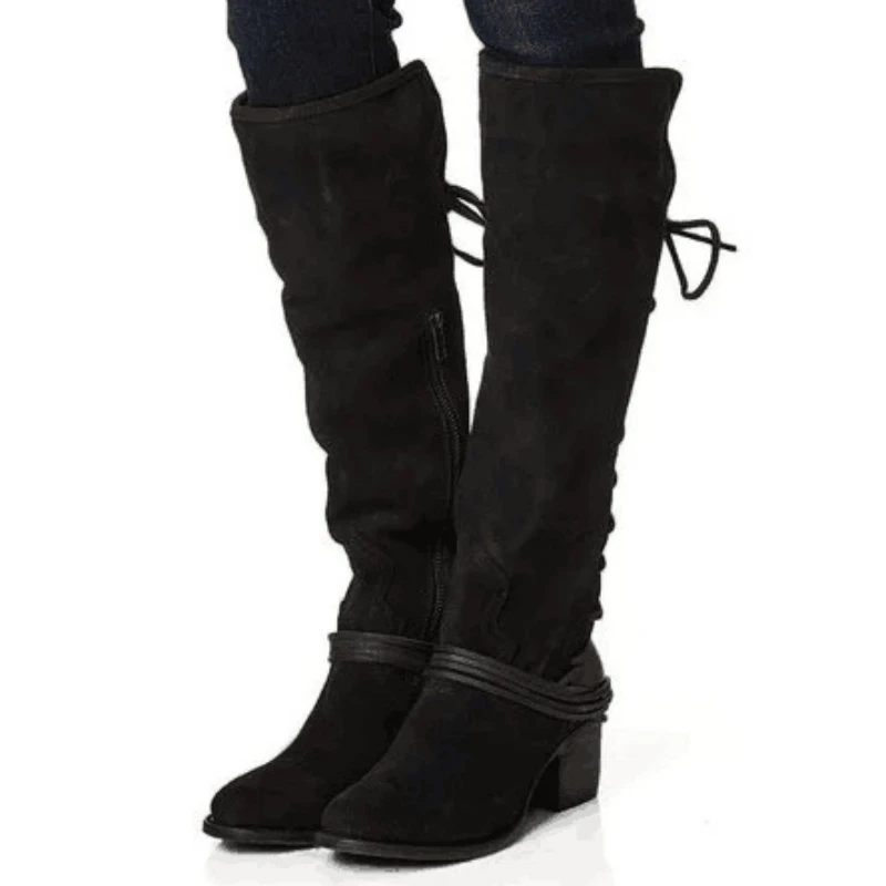 Fujin/зимние женские сапоги; узкие сапоги до колена; однотонные сапоги для верховой езды в стиле ретро; элегантные женские сапоги с боковой молнией; обувь больших размеров; мотоботы