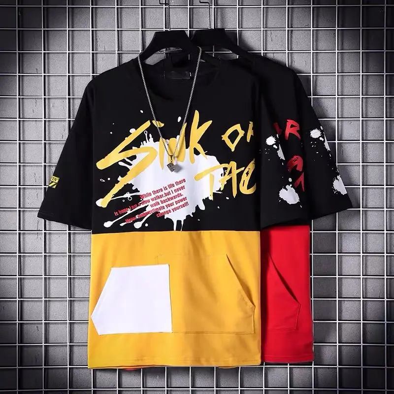 

2020 New Short-sleeved Men's T-shirt Summer Printing Color Matching Loose Round Neck T-shirt Harajuku Style Hip-hop Clothes
