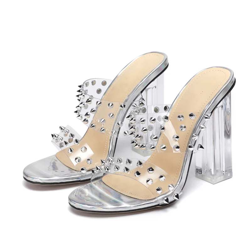 

2020 Plus Size Crystal Silver Slides Women 11.5cm High Heels Clear Rivets Sandals Mules Slipper Lady Sexy Transparent Prom Shoes