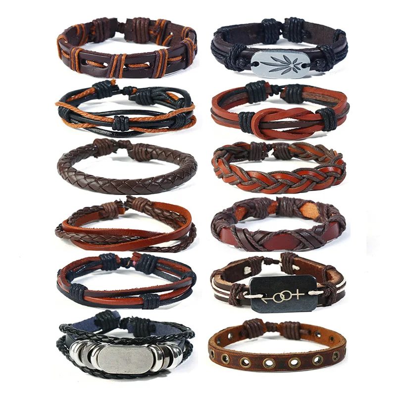 

AIDEVER 12pcs/set Classic Fashion Men Handmade Braid Multilayer Leather Bracelet Mixed Style Braided Bracelets Cowhide Bangle
