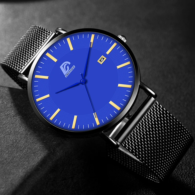 Fashion Mens Minimalist Watches Luxury Ultra Thin Stainless Steel Mesh