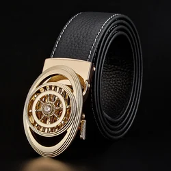 Luxury Men Belt First Layer Cowhide Genuine Leather Black Waistband Belts for Male Rotatable Automatic Buckle