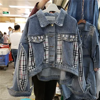 

Pearl Jean Jacket Women Designer 2019 Plaid Patchwork Long Sleeve Turn Down Collar Vintage Female Denim Jacket
