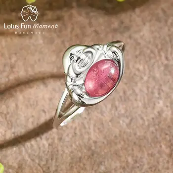 

Lotus Fun Natural Tourmaline Red Gemstones Vintage Laughing Buddha Ring Real 925 Sterling Silver Fine Jewelry Rings for Women