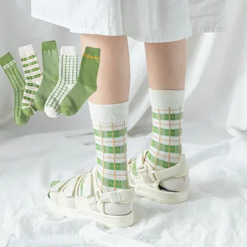 

ins Matcha green women's middle tube socks South Korea ulzzang fashion brand Hong Kong Girl Plaid women's socks