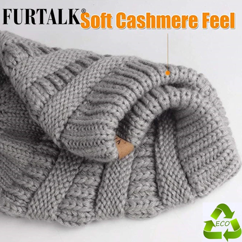FURTALK громоздкая шапочка зимняя женская шапка вязаная теплая флисовая подкладка шапка для женщин Skullies Beanies красная желтая черная Серая шапка