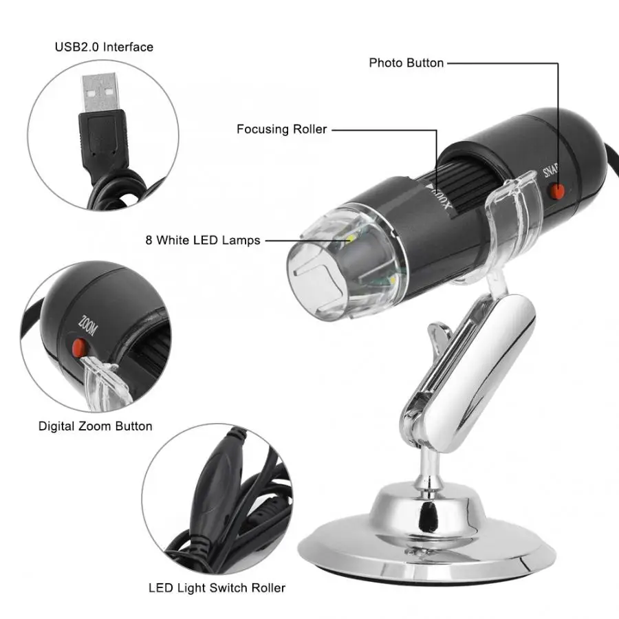 1.3MP Pixel Digital Microscope 25-600x Magnification Endoscope USB Digital Microscope Camera with Universal Metal Support