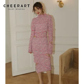 

CHEERART Pink Floral Flare Sleeve Bodycon Long Dress Women Pleat Turtleneck Asymmetrical Cut Out Dress Korean Fashion Clothing